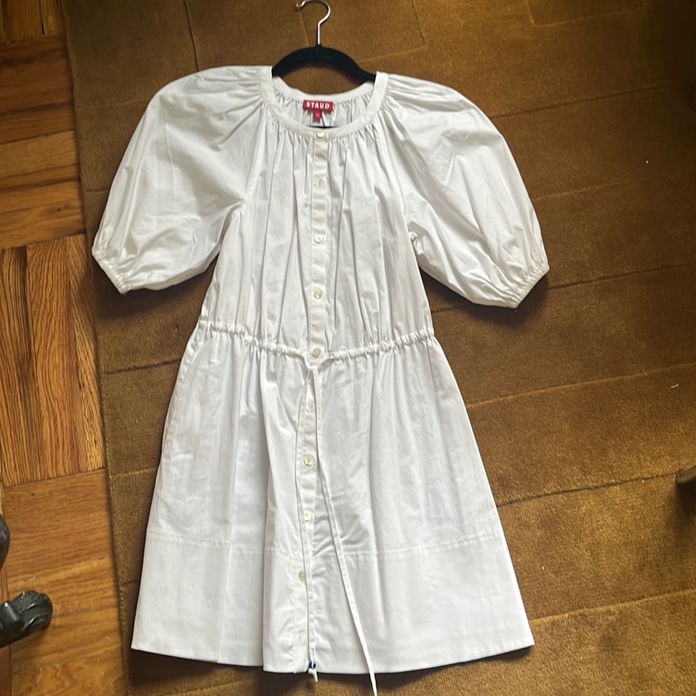 STAUD White Puff-Sleeve Button-Front Cotton Dress